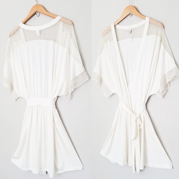Eberjey Kimono Robe S Ivory Soft Modal Jersey Polka Dot Lace Mesh Inset Wrap Tie - Picture 1 of 15
